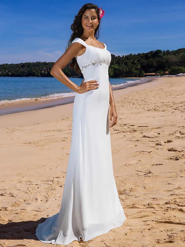 Luolandi Wedding Dresses Scoop Neck Chiffon Cap Sleeve Beach Plus Size with Beading Draping